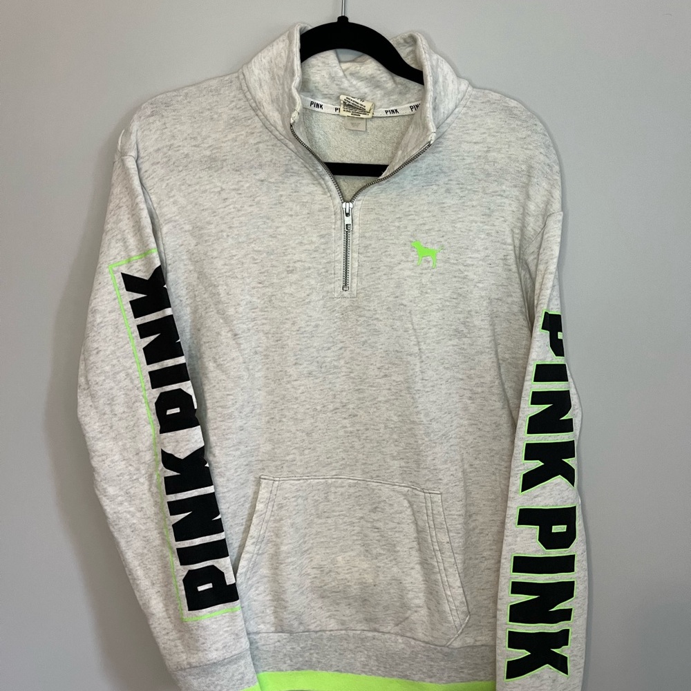 Victoria Secret Pink - Heather Grey & Lime Green 1/4 Zip Sweater - X-Small